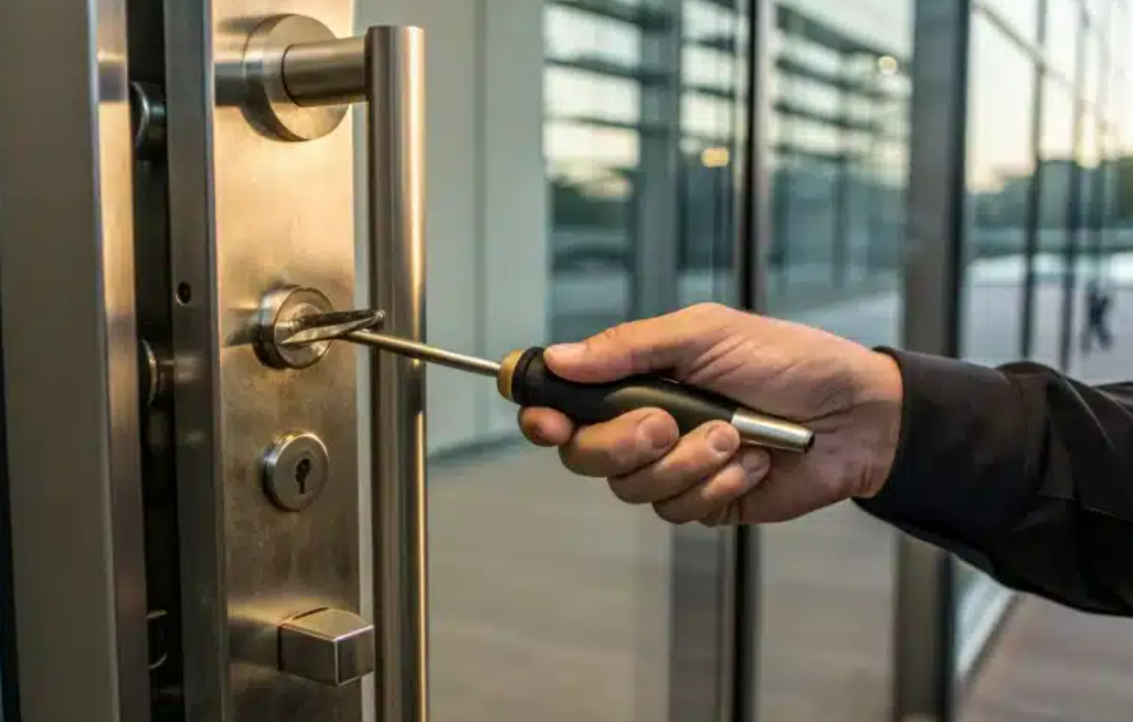 Alt Text: "Commercial locksmith services in Ohio - ABC Locksmith Ohio expert performing lock change on a business door for enhanced security."